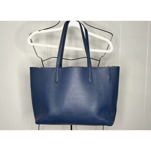Tory Burch Blake Tote Bag Navy Blue Something Wild Lining Print with Wristlet - Picture 4 of 11
